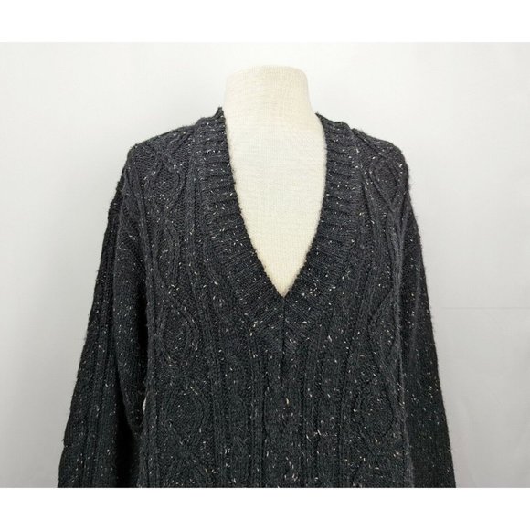 Vintage 90s Sweater Dark Gray Chunky V-Neck Oversize Cable Knit Misses Size M - Picture 2 of 8